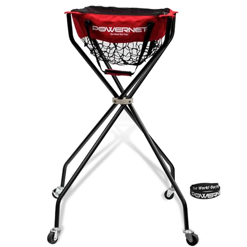 PowerNet Baseball Softball Portable Ball Caddy, Holds Bucket of Baseballs, Softballs, Tennis Balls, Use During Batting Practice Training and Drills - color: Red/Black, style: Wheeled Court Caddy