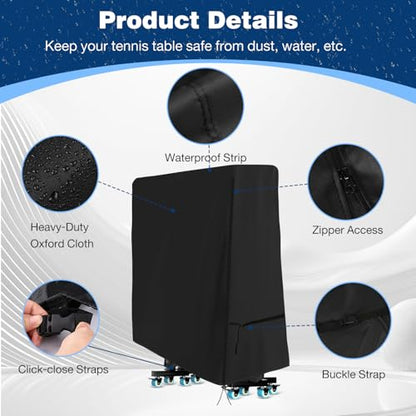 Saking Ping Pong Table Cover, 500D Heavy Duty Folding Table Tennis Table Cover Waterproof Sunproof Indoor & Outdoor, Fits Universal 9x5 FT Folding Tables, Windproof Cover with Zipper & Buckles, Black
