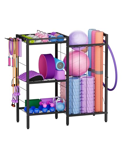 3 Tiers Dumbbells Yoga Mat Storage Rack with Elastic Straps for Kettlebells Foam Roller Resistance Bands Balls, Workout Equipment Organizer Weight Storage Holder with Hooks for Home Gym
