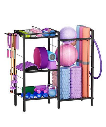 3 Tiers Dumbbells Yoga Mat Storage Rack with Elastic Straps for Kettlebells Foam Roller Resistance Bands Balls, Workout Equipment Organizer Weight Storage Holder with Hooks for Home Gym