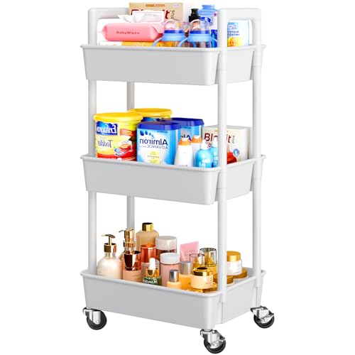 Pipishell 3 Tier Rolling Cart Organizer, Plastic Rolling Cart with Lockable Wheels & Reinforced Handle, Lightweight Utility Cart Storage Cart for Nursery, Kitchen, Bathroom, Craft Room, White, PIUC14W - color: White, size: 3-Tier