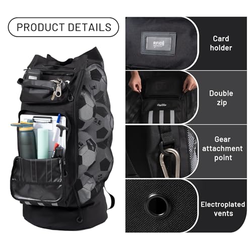 OrgaWise XXL Soccer Ball Bags for Coaches | 600D Oxford Cloth | SBS Zippers | Card Holder | Night Reflective Strips | Plated Holes | Chest Strap | Carry Handle - color: Black