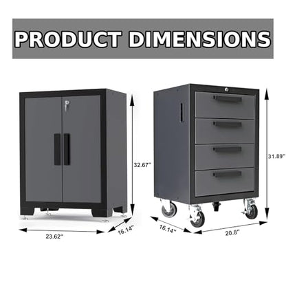 Torin Garage Cabinets Storage System, 9 Piece Included Steel Drawers Rolling Chest,Locked Storage Cabinet, Perfect for Organizing Garage and Tools, 129.92", Black/Grey