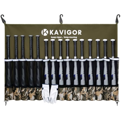 KAVIGOR 15-Bat Baseball/Softball Dugout Organizer - 900D Military-Grade Fabric & Reinforced Hooks, Holds Bats/Gloves on Fence - color: Camo Brown