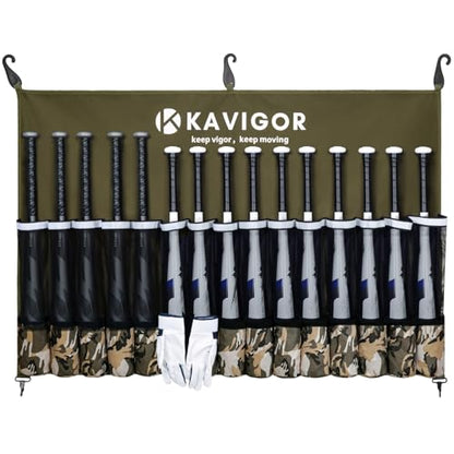KAVIGOR 15-Bat Baseball/Softball Dugout Organizer - 900D Military-Grade Fabric & Reinforced Hooks, Holds Bats/Gloves on Fence - color: Camo Brown
