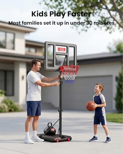 IGL 44" Portable Basketball Hoop Outdoor, 5.6-10FT Adjustable Height, Shatterproof PC Backboard, Fillable Base & Ball Weight - Basketball Goal for Backyard Driveway, Fun for Kids Teens Adults Family