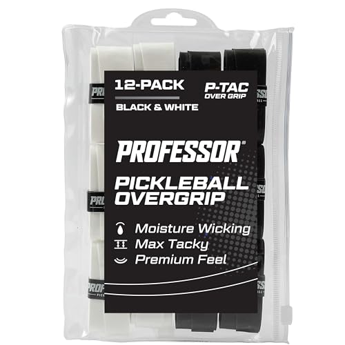 Professor P-Tac Pickleball Paddle Overgrip – Max Tacky, Moisture-Wicking Grip Tape for Pickleball Paddles in 6 & 12 Packs, Anti-Slip & Durable Overgrip for Control & Enhanced Performance - color: Black & White - 12-Pack