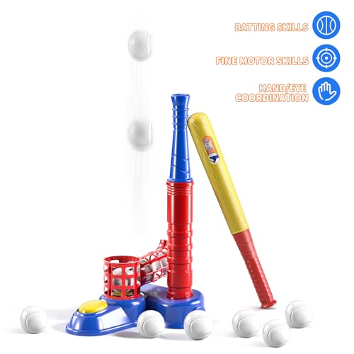 TEMI 2 in 1 Tee Ball Set for Kids 3-8, Kids Baseball T-Ball Set with 10 Balls, Step on Pitching Machine, Batting Tee, Outdoor Sport Toy Games for 3-12 Year Old Boys Girls Toddler