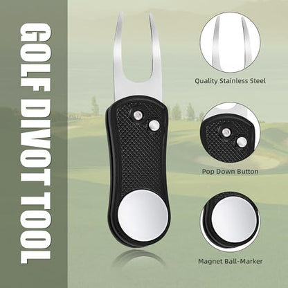 Mile High Life Golf Divot Repair Tool, All Metal Foldable Divot Tool with Pop-up Button & Magnetic Ball Marker - color: Black Undulate