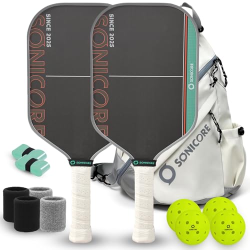 Pickleball Paddle Set, T700 Carbon Fiber, 16mm Core for Control & Spin, Includes 1 Paddle, Paddle Sleeve Cover, 2 Wristbands & 1 Grip Tape | Sonicore CourtVibe - color: Urban Mint | Set of 2