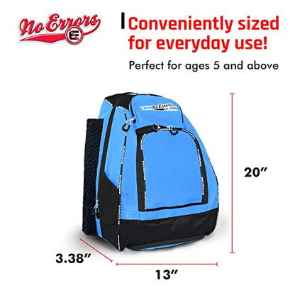 No Errors Sports RBP Rookie Baseball and Softball Backpack - Youth Baseball and Softball Bat Bag with Fence Hooks - Baseball and Softball Equipment Bag for Kids - color: Lt. Blue