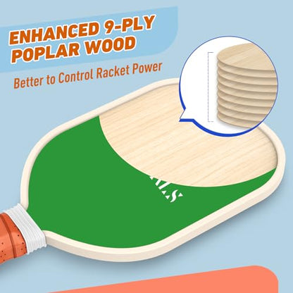 Pickleball Paddles Set of 4, USAPA Approved Premium Wood Pickleball Set with 4 Pickleball Balls and 1 Carry Bag Pickleball Rackets with Ergonomic Cushion Grip for Women Youth