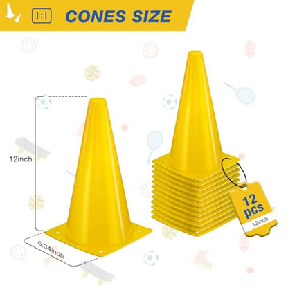12 Inch Durable Cones,12pcs Versatile Plastic Traffic Cones and Soccer Cones for Sports Training,Agility Drills,Parking Safety,Basketball Training,Football Training. - color: yellow