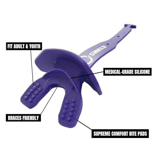 O Shield Striker Football Mouth Guard with Connected Strap, No Boil Brace Friendly Lip Guard for Tackle Football, Youth and Adult - color: Purple
