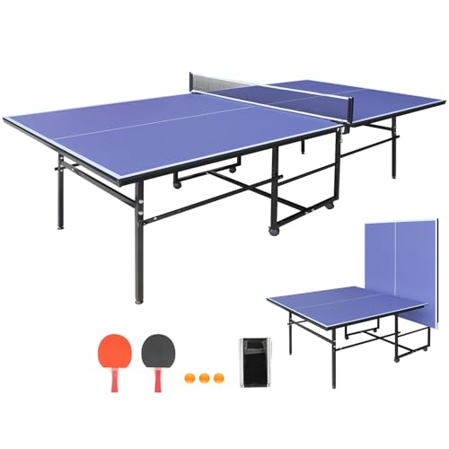 Ping Pong Table Foldable & Portable 6/8/9FT Table Tennis Table Set for Indoor & Outdoor Games with Net & Post, 2 Table Tennis Paddles and 3 Balls - color: Blue-9x4.1FT