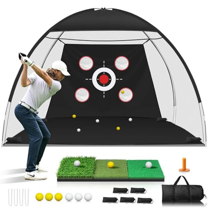 10x7FT Golf Net with Mat, Golf Practice Net for Backyard Garage Indoor Outdoor with Target Pockets for Driving Chipping Swing, for Men Women Dad Husband Golfer, Ideal Gift for Him - size: 10x7