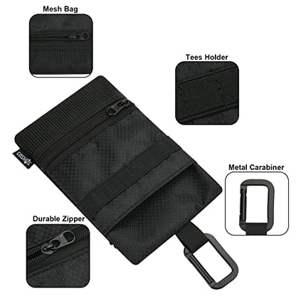 Cosmos Golf Pouch Bag Tees Holder Ball Pocket, Zippered Valuables Accessories Belt with Carabiner for Balls, Tees, Markers, Divot Tools, Phone, Keys Black