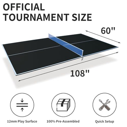Ping Pong Table Top for Billiard Table - 9FT Foldable Table Tennis Table Topper for Pool Table with Net & Premium Foam Padding | Portable Table Tennis Conversion Top for Indoor Outdoor Games Black