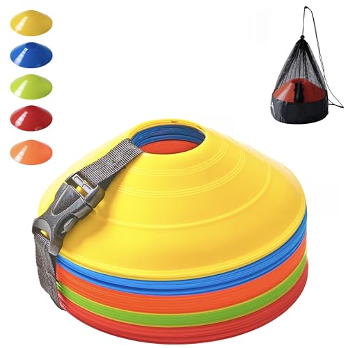 Flexible Soccer Cones (Set of 60/50/40/25) with Mesh Bag & Strap, Sports Cones for Soccer, Basketball, Football Training Equipment, Agility Soccer Cones for Drills Training - size: Pack of 25 - Multi Colors