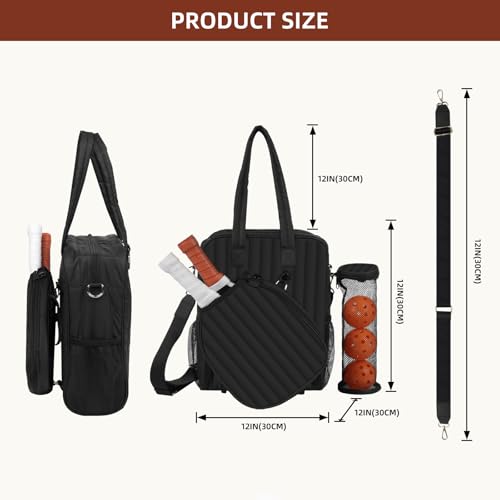 Women's Pickleball Bag with Ball Bag, Waterproof Pickle Ball Bag Tote Shoulder Bag - color: Black