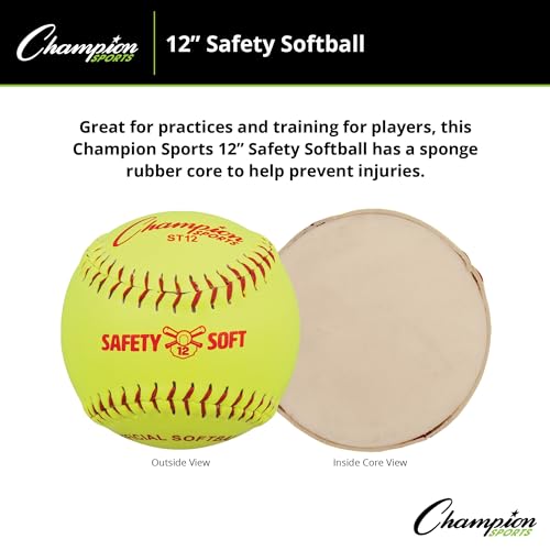 Champion Sports Safety Softballs – Pack of 12 Balls - Soft Rubber Core - Synthetic Leather - Optic Yellow in 11" & 12" Sizes - size: 12 Inch