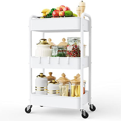 3 Tier Rolling Storage Cart, Metal Trolley Utility Cart with Wheels & Hooks, Easy Assembly Organizer Storage Cart for Bathroom Kitchen Office Bedroom