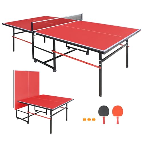 8FT Outdoor Ping Pong Table, Foldable & Portable Table Tennis Set with Net, 2 Paddles & 3 Balls, Game Table with Single Player Playback Mode