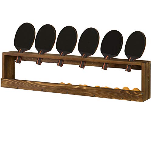 MyGift Wall Mounted Ping Pong Paddle Holder, Burnt Wood Table Tennis Racket Display Rack with Ball Storage Shelf - color: Burnt Wood