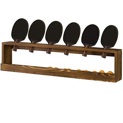 MyGift Wall Mounted Ping Pong Paddle Holder, Burnt Wood Table Tennis Racket Display Rack with Ball Storage Shelf - color: Burnt Wood