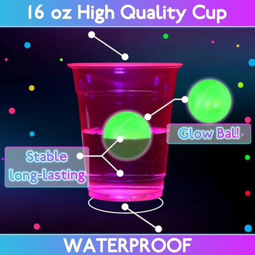 32 Pcs Glow in The Dark Party Table Tennis Game Set Include 24 Pcs Glowing Plastic Cups and 8 Balls for Indoor Outdoor Party Event Birthdays Weddings BBQ Parties - color: Blue and Pink