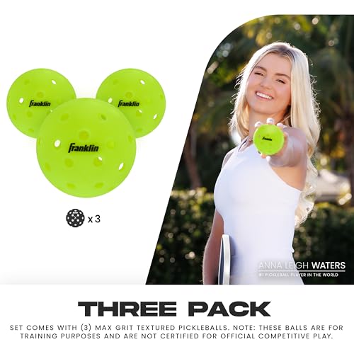 Franklin Sports Max Grit Textured Pickleballs - Indoor + Outdoor Extra Grip Training Pickleballs for Instant Spin + Control - 3 Pack - Yellow