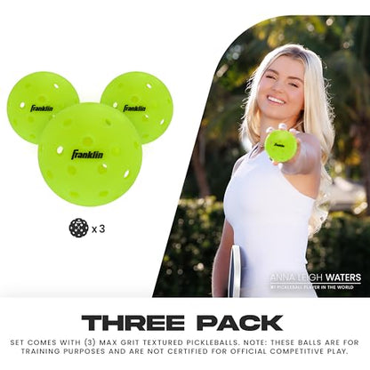 Franklin Sports Max Grit Textured Pickleballs - Indoor + Outdoor Extra Grip Training Pickleballs for Instant Spin + Control - 3 Pack - Yellow