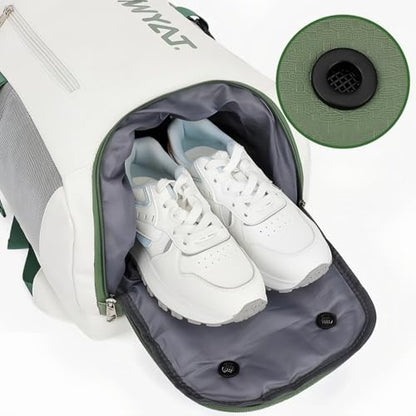 Badminton Tennis Backpack with Shoe Compartment,Racket Holder, Large Capacity Sports Bag for Tennis, Badminton, Pickleball, Squash - color: White&Green