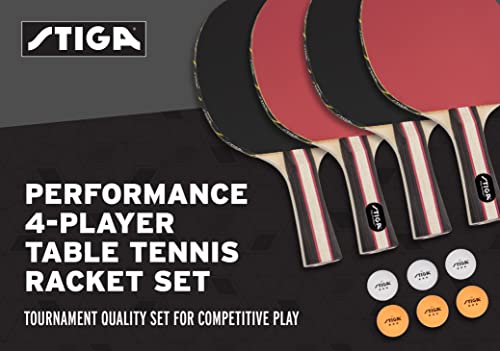 STIGA Performance 4 Player Ping Pong Paddle Set of 4 – Table Tennis Rackets, 6 – 3 Star Orange and White Balls