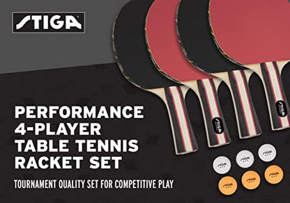STIGA Performance 4 Player Ping Pong Paddle Set of 4 – Table Tennis Rackets, 6 – 3 Star Orange and White Balls