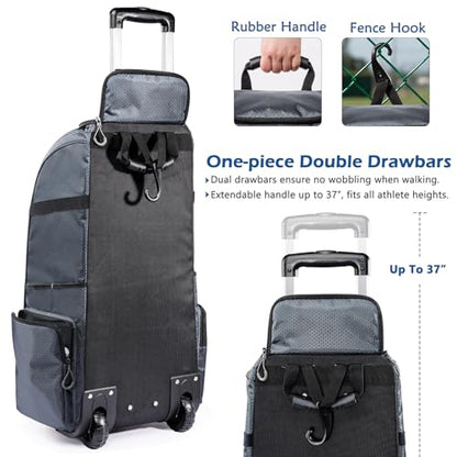 Large Rolling Baseball Catchers Gear Bag with Wheels, Softball Bag with Hard Backing for 4 Bats,Equipment Bag with Separate Shoe & Helmet Compartments, Youth Baseball Bag with 360° Spinner Wheels - color: Grey - Style A - Integrated Rolling System, size: