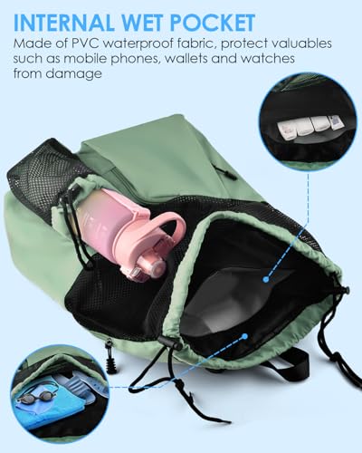 BROTOU Swim Bag Beach Backpack with Wet Pocket Mesh Drawstring Bags for Swimming, Gym - color: Light Green