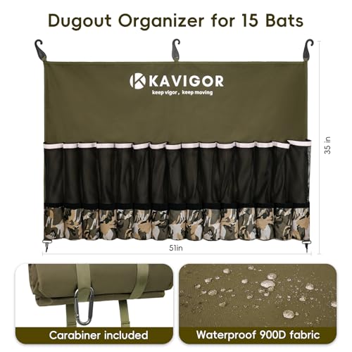 KAVIGOR 15-Bat Baseball/Softball Dugout Organizer - 900D Military-Grade Fabric & Reinforced Hooks, Holds Bats/Gloves on Fence - color: Camo Brown