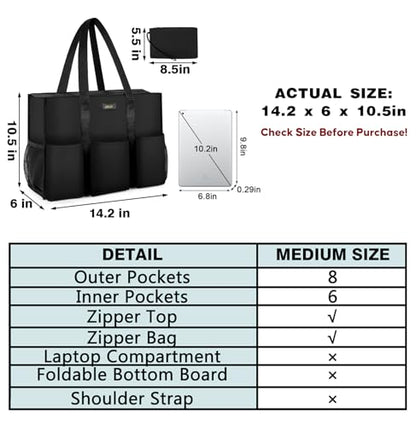 IBFUN Utility Tote Bag with 24 Pockets, Large Teacher Tote for Women with Laptop Compartment, Travel Tote Bag with Zip Top - color: A1-m-black, size: Medium