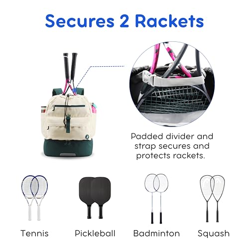 J World Ace 2 Racket Tennis Backpack for Women Men. Badminton Squash Pickleball Bag. Kids Sports Gym Bag w/Shoe Compartment - color: Green White