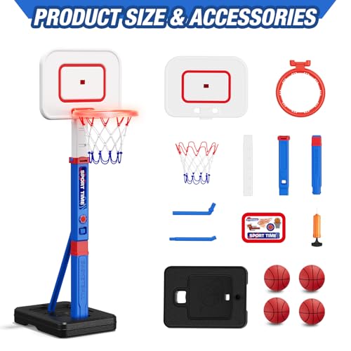 HYES Toddler Basketball Hoop with Scoreboard/LED Basketball Rim/4 Balls, 55" Height Adjustable Basketball Hoop for Kids 3-5, Indoor Outdoor Sport Toys Birthday Gifts for Baby Boys Girls