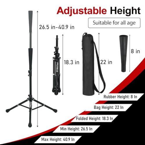 Batting Tee,Baseball Tee,Softball Tee, for Kids,Teens,Adults Baseball Hitting Practicing. Include 2 Pcs Replaceable Rubber Ball Seat and Carrying Bag.Adjustable Height - color: black