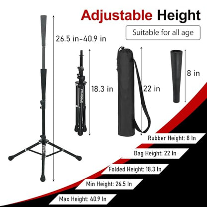 Batting Tee,Baseball Tee,Softball Tee, for Kids,Teens,Adults Baseball Hitting Practicing. Include 2 Pcs Replaceable Rubber Ball Seat and Carrying Bag.Adjustable Height - color: black