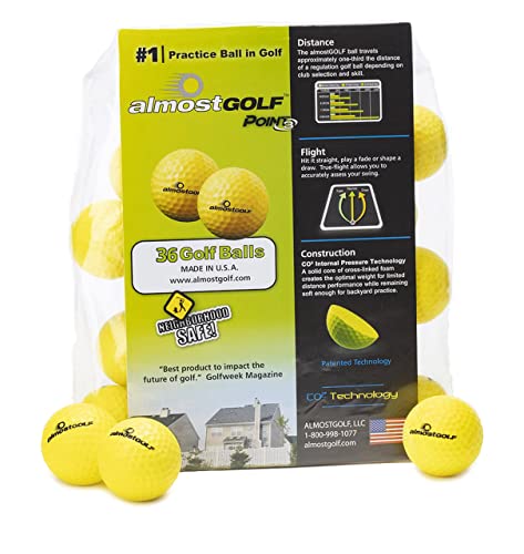 Practice Golf Balls for Golf Training. Made by AlmostGolf. Feel Solid Contact for Great Feedback. Limited Flight for Backyard use. Safe for Indoors. A Golfer Must Have (36 Pack Yellow with 5 Tees)