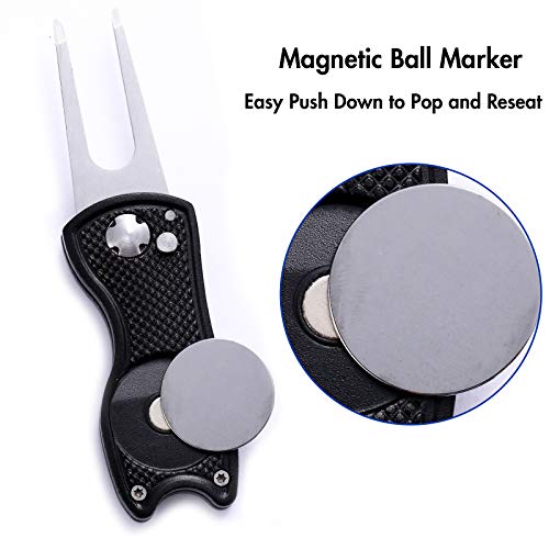 2 Pack Metal Foldable Golf Divot Tool with Pop-up Button & Magnetic Ball Marker (Pack of 2, Fish Design)