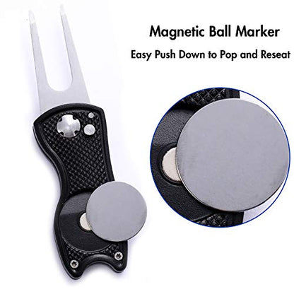 2 Pack Metal Foldable Golf Divot Tool with Pop-up Button & Magnetic Ball Marker (Pack of 2, Fish Design)