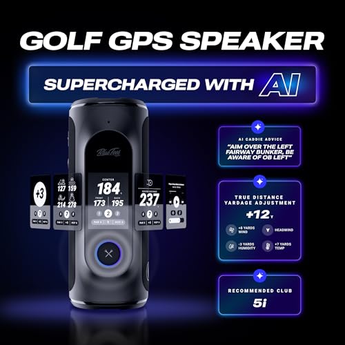 Blue Tees Golf Player+ AI-Powered GPS Speaker - Touchscreen Display, 10+ Hour Battery, 40,000+ Courses, Visual & Audible Distances, Hazard Detection, IPX7 Waterproof (Black) - color: Black
