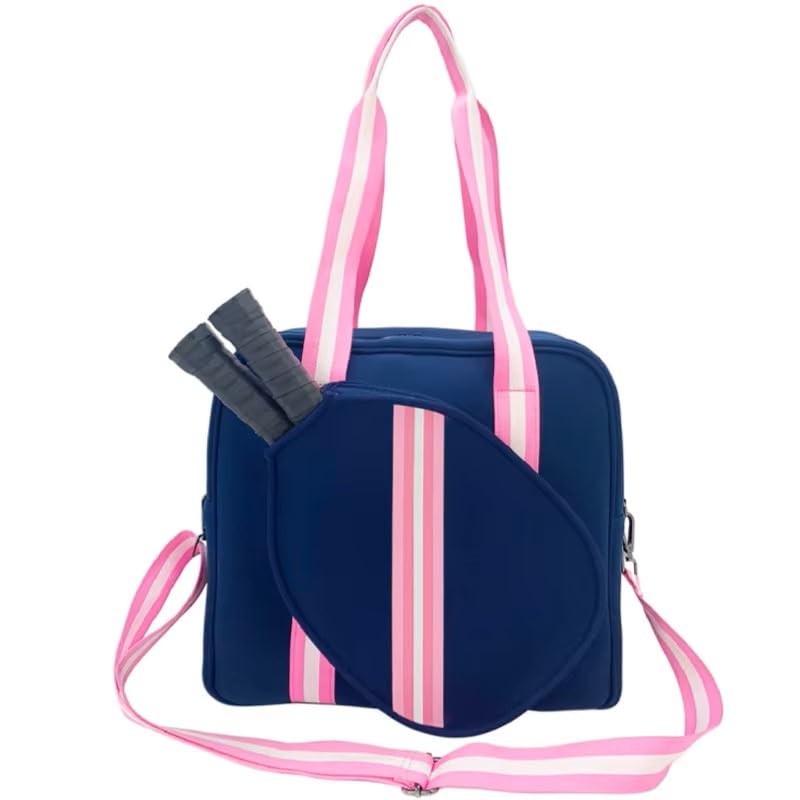 Pickleball Sports Tote Bag with Racket Holder, Neoprene, Adjustable Shoulder Strap - color: Navy Blue