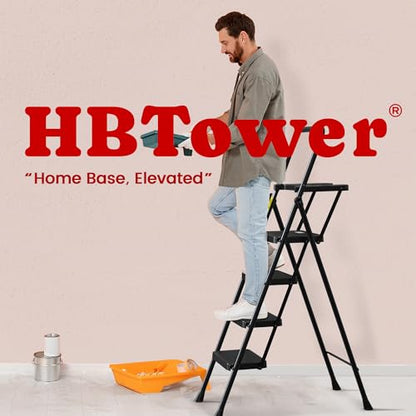 HBTower Step Ladder, Folding Step Stool with Wide Anti-Slip Pedal, Sturdy Steel Ladder, Convenient Handrail, Lightweight, Portable Steel Step Stool - color: Black, size: 4 Step Ladder