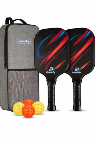 PowerFly Pickleball Paddles Set of 2, Fiberglass Surface Pickleball Set with 2 Pickleball Rackets,4 Pickleball Balls,1 Portable Carry Bag, Pickle Racket Set for Men Women - color: Inferno Red